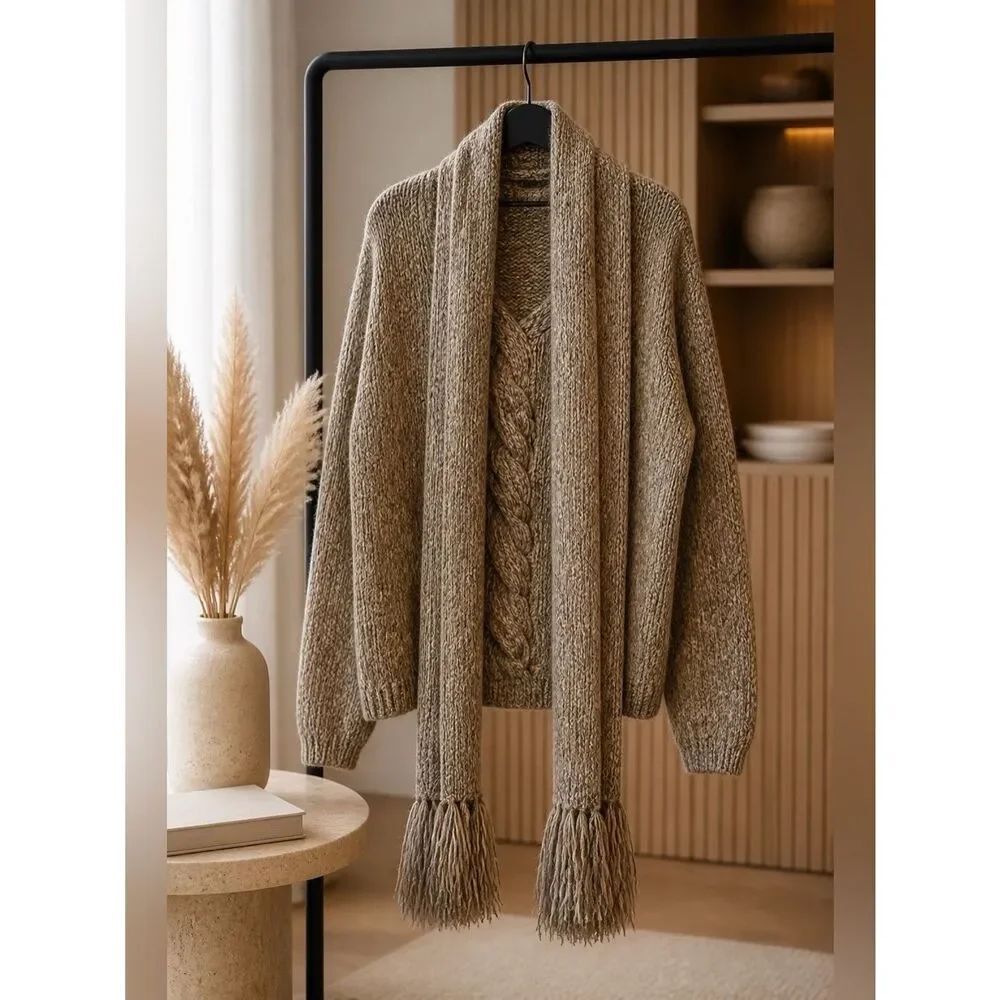 Cozy Brown Knit Sweater with Scarf Size Large